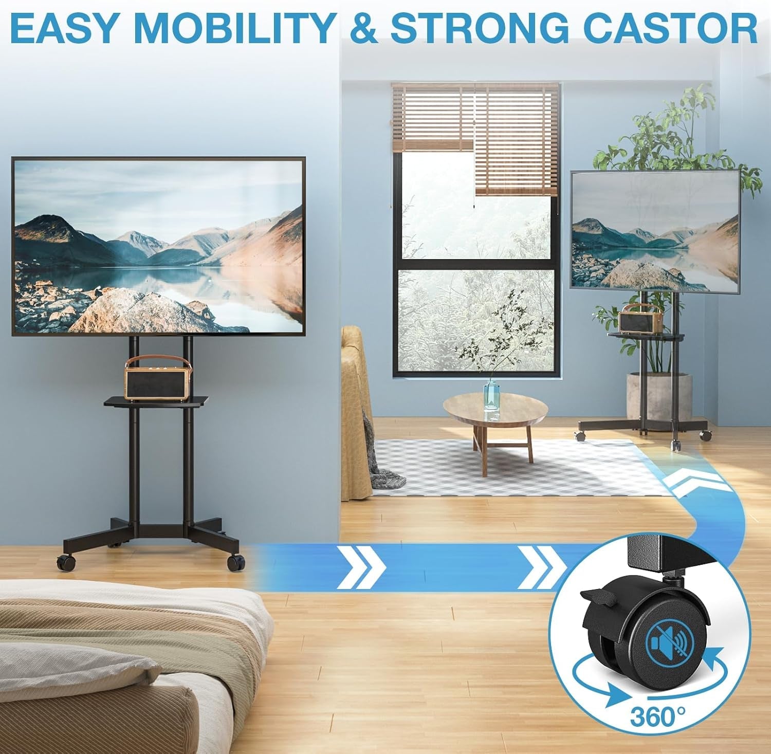 Rolling TV Stand 32-75 Inch With Height Adjustable Shelf