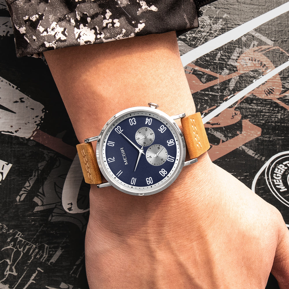 MEGIR Fashion Casual Men Watches Luxury Leather Quartz Sport Wristwatch Waterproof Luminous Clock Large Dial Relogio Masculino 1083