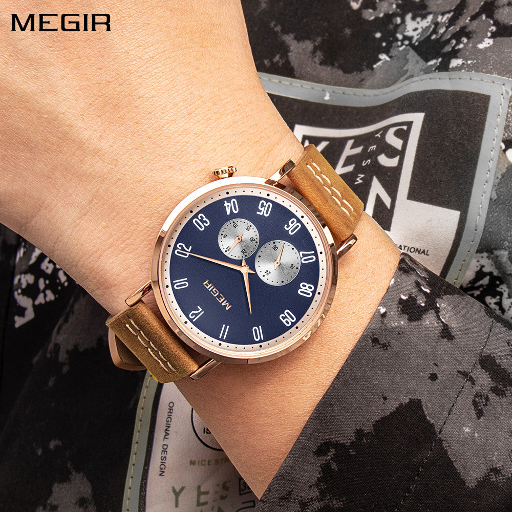 MEGIR Fashion Casual Men Watches Luxury Leather Quartz Sport Wristwatch Waterproof Luminous Clock Large Dial Relogio Masculino 1083