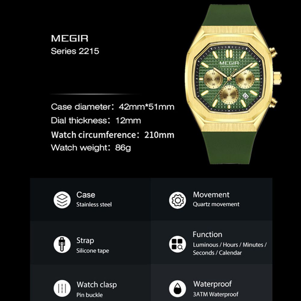 MEGIR Fashion Sport Military Watches for Men Luxury Quartz Wristwatch Silicone Strap Waterproof Date Clock 24-hour Reloj Hombre 2215