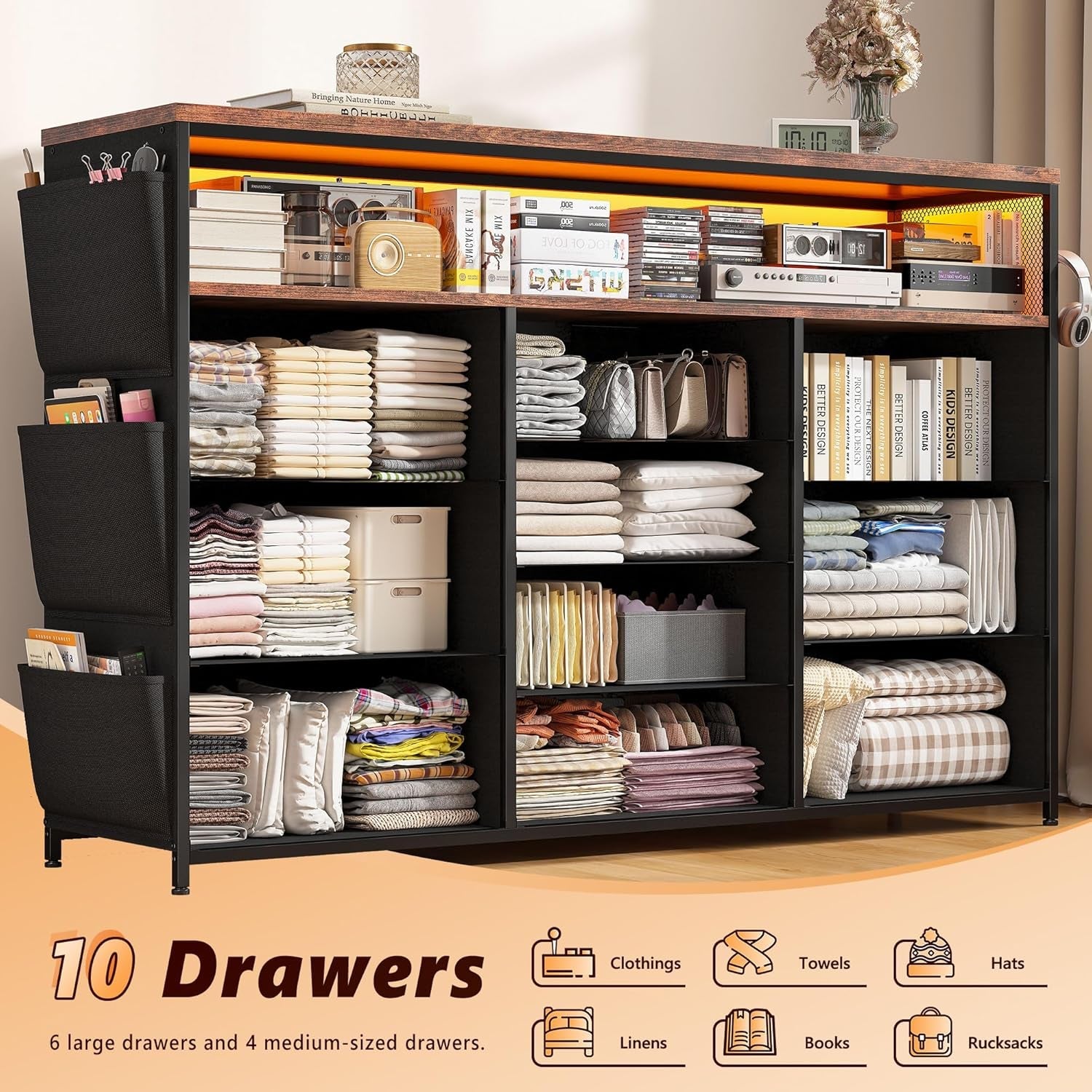 55In TV Stand Dresser With 10 Fabric Drawers And LED Lights