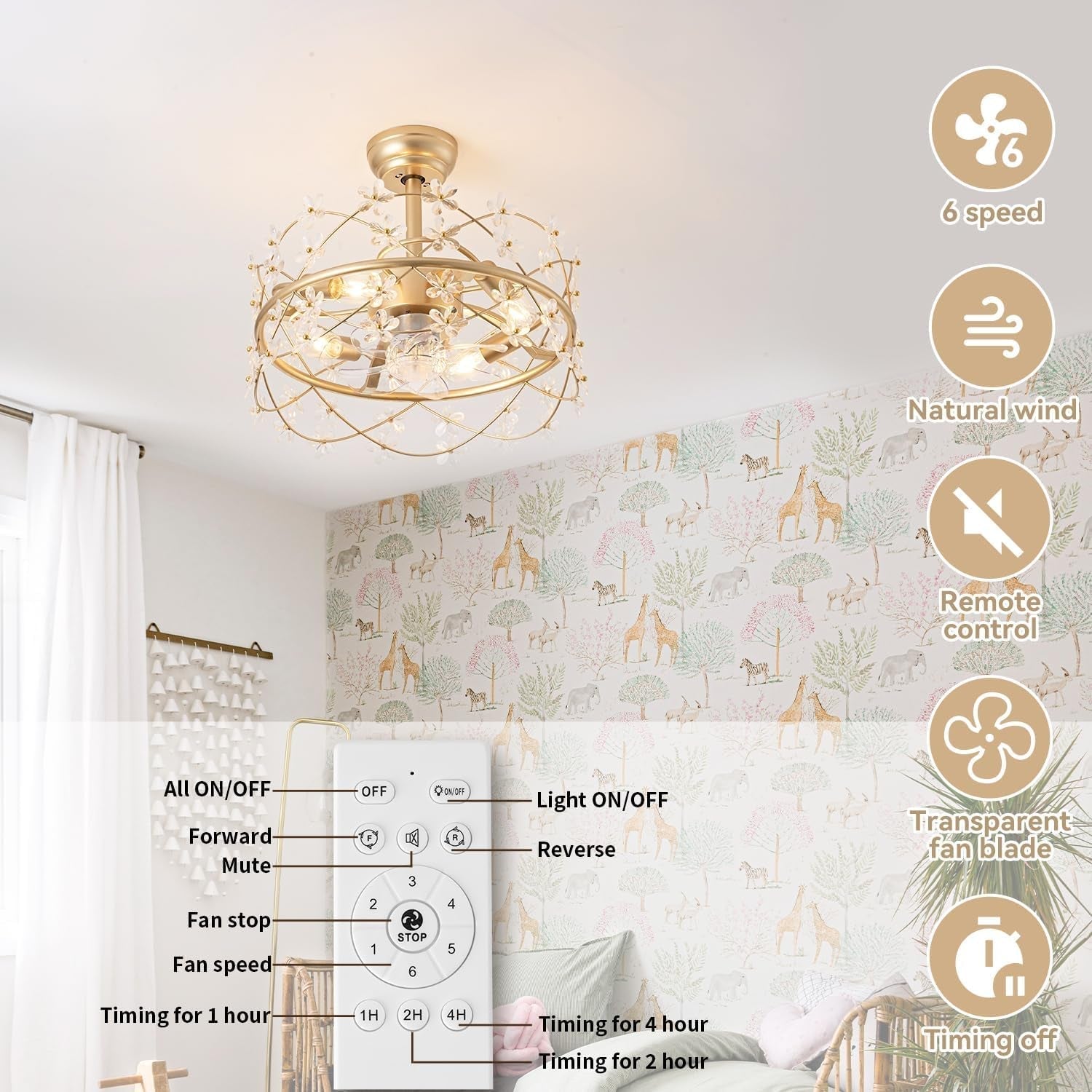 20 Inch Gold Caged Ceiling Fan With Light Remote Control 6 Speed Flower Chandelier Fandelier For Girls Bedroom